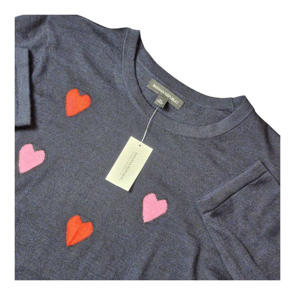 Banana Republic Women's XL Merino Wool Heart Intarsia Sweater Navy NWT
